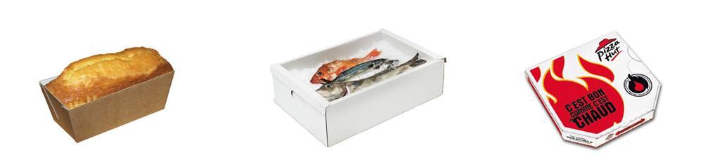 Food contact packaging for cake, pizzas and fish
