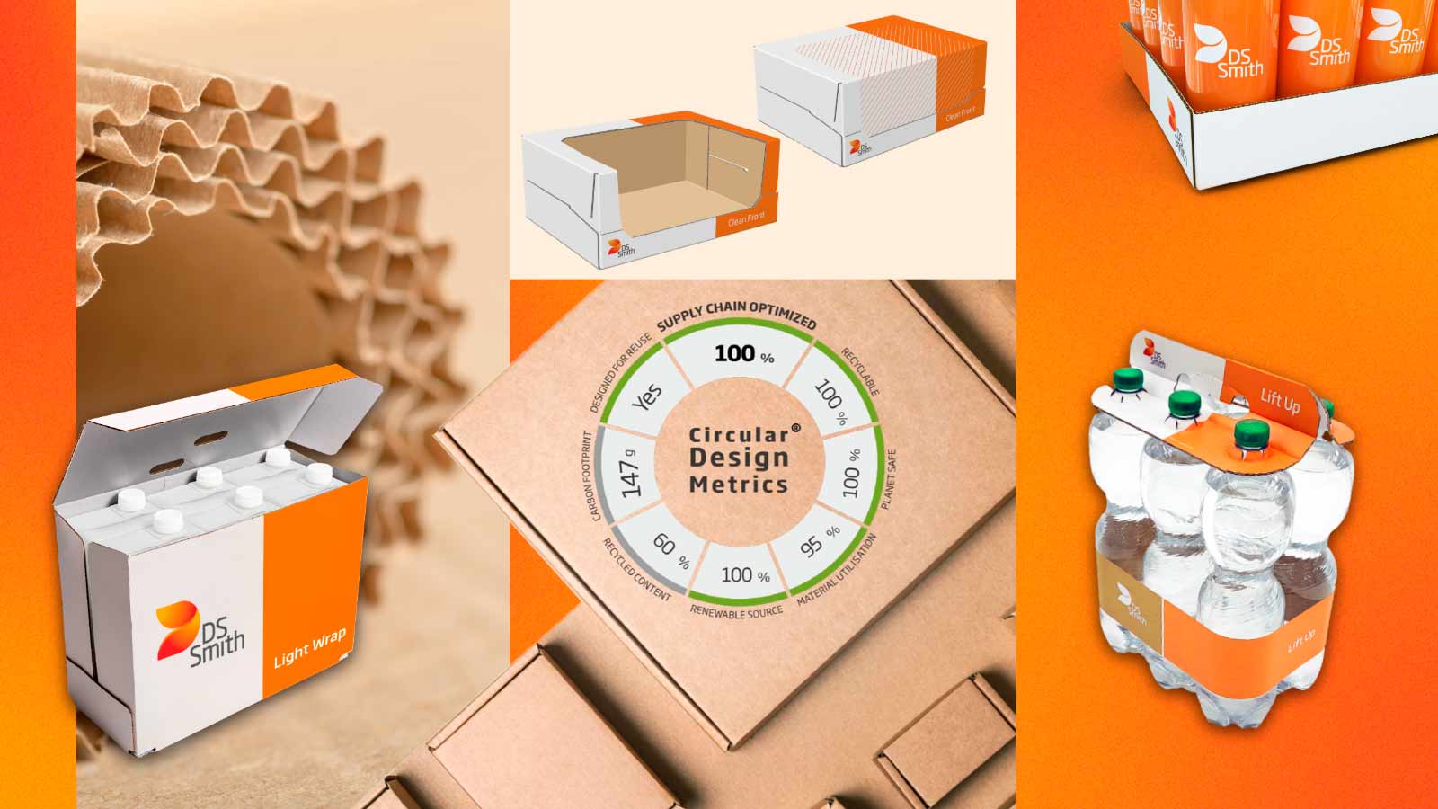 Forskellige innovative drikkevareemballager på orange baggrund