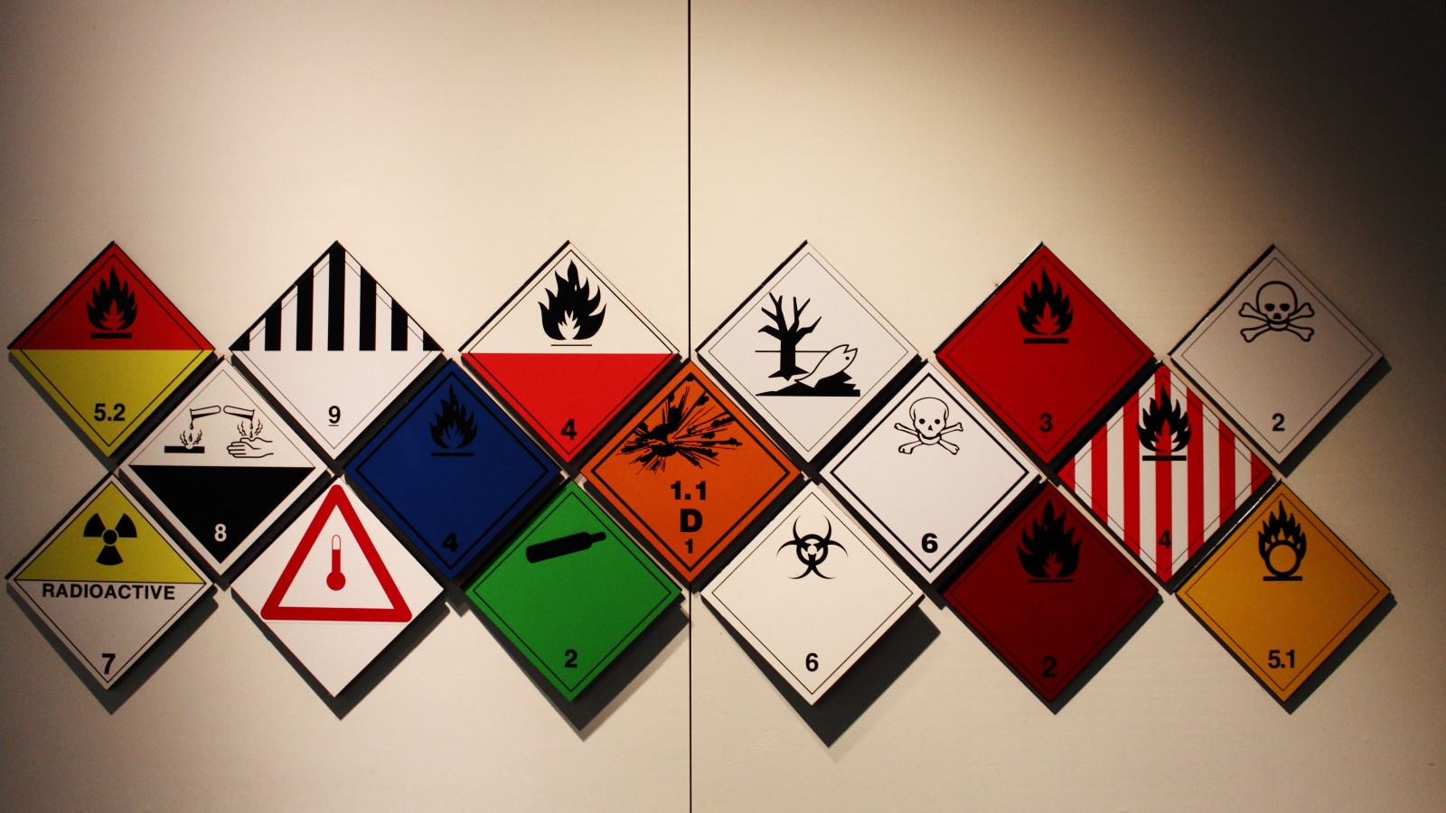 Wand mit vielen unterschiedlichen Gefahrenschildern.