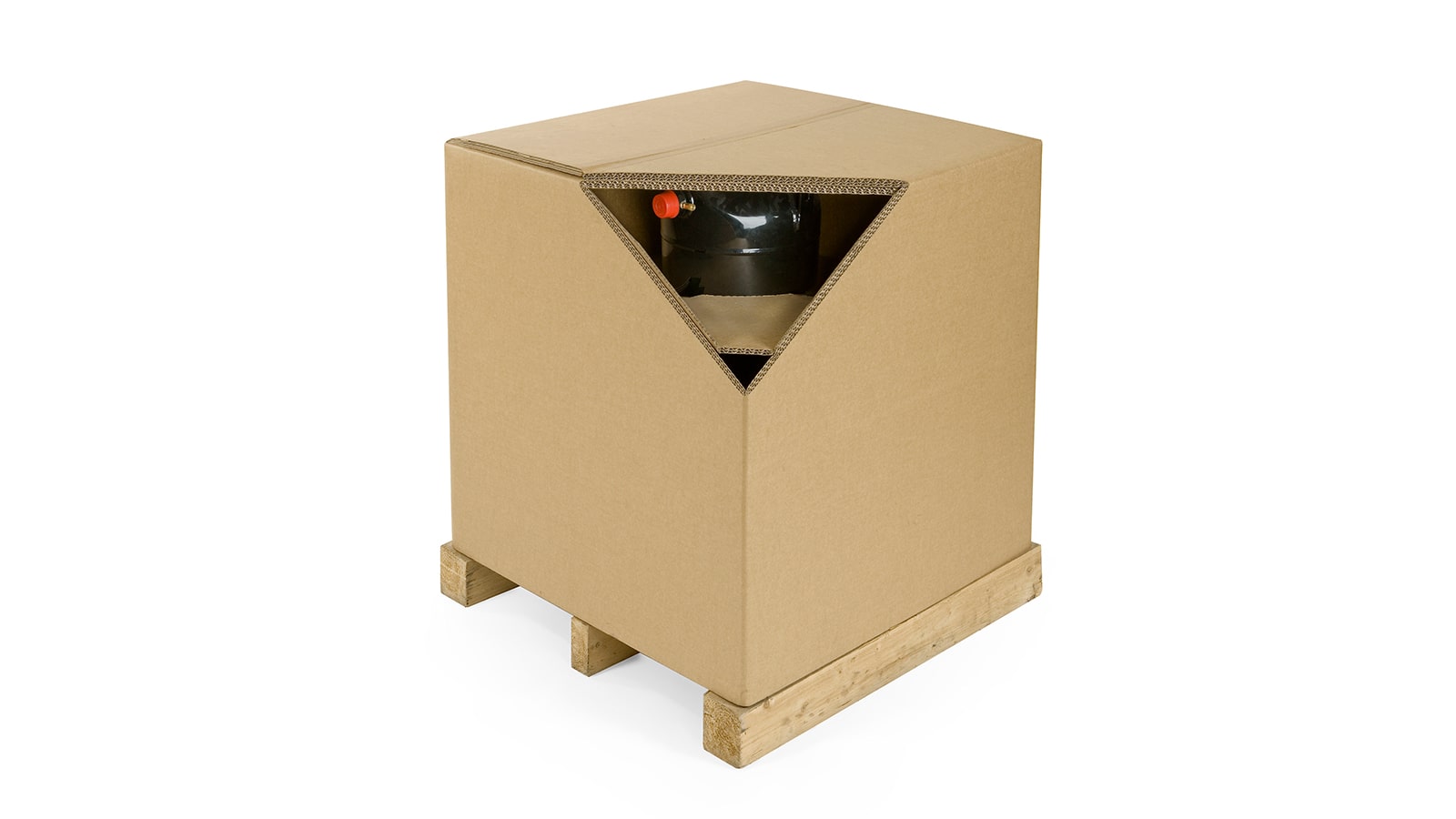 Große Verpackung aus Wellpappe mit geöffnetem Eck gewährt Einsicht ins Innere.