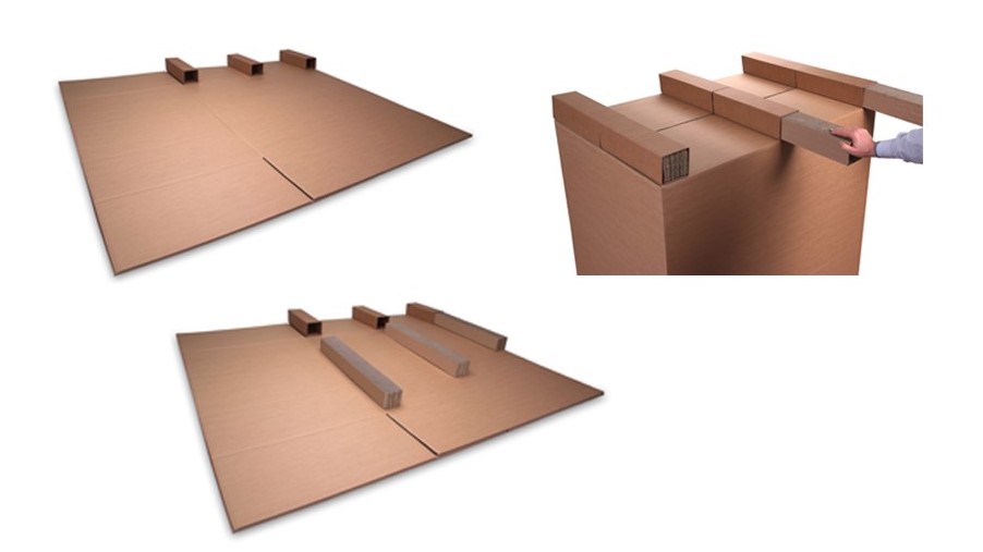 Collage von drei flachliegenden Palettenboxen vom Boden.