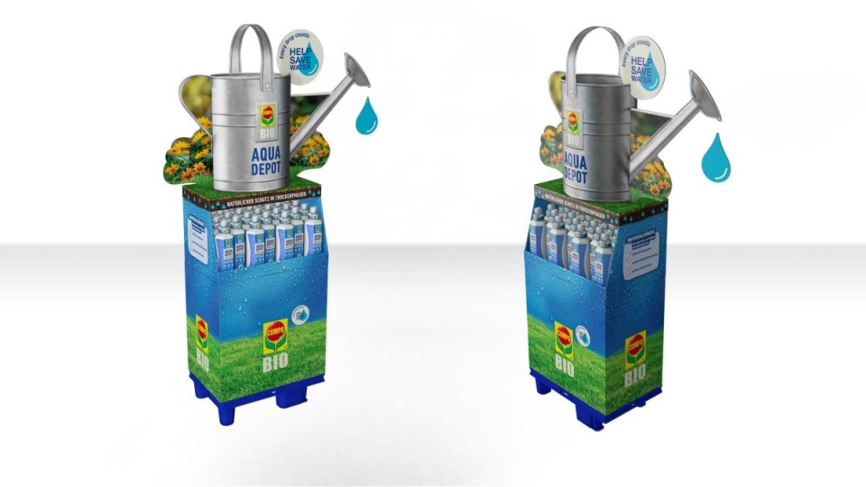 Nachhaltig auffällig: DS Smith setzt das COMPO Aqua Depot Display mit XXL-Gießkanne und Wassertropfen aus 100 % Recyclingpapier in Szene.