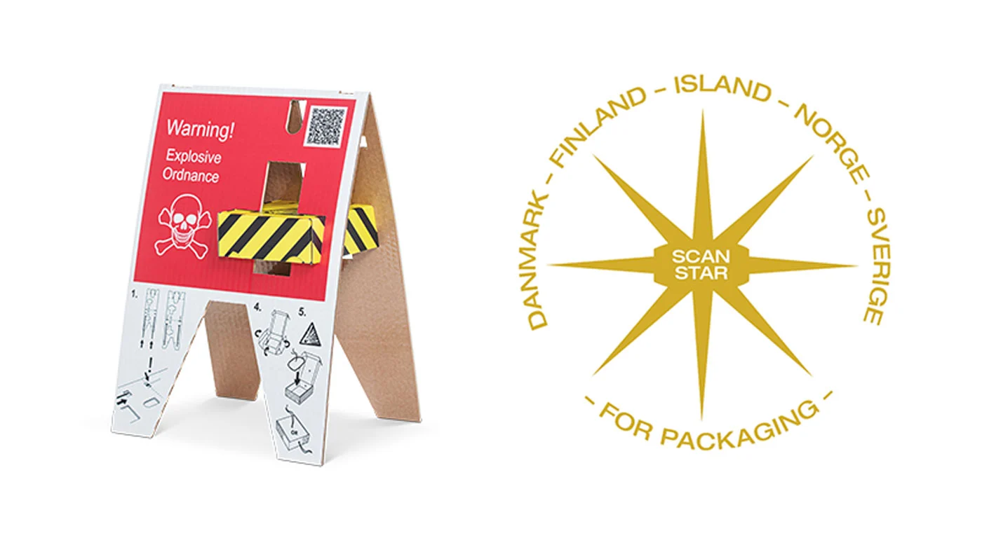 Wellpappförpackning för rensningsavgiften och ett wellpappstativ för Instas patenterade Insta Safe EOD-drönarsystem