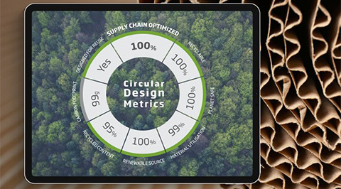 Circular Design Metrics diagram op een scherm met data over de duurzaamheid van een verpakking van golfkarton en golfkartonnen achtergrond